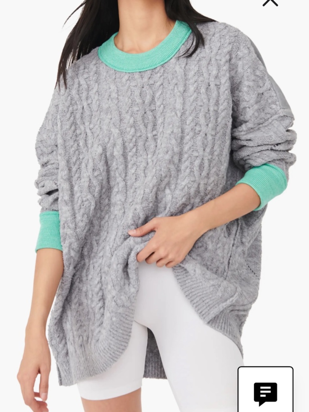 Free People Gray Cable Knit Sweater with Mint Trim